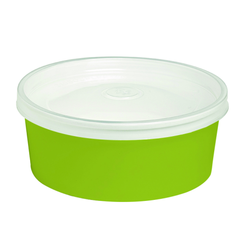 Insalatiera "Buckaty" multiuso, tonda in cartone verde con coperchio trasparente in PP