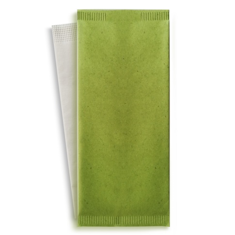 Sacchetto per posate in carta verde con tovagliolo bianco
