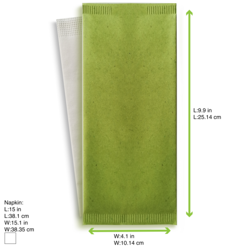 Sacchetto per posate in carta verde con tovagliolo bianco
