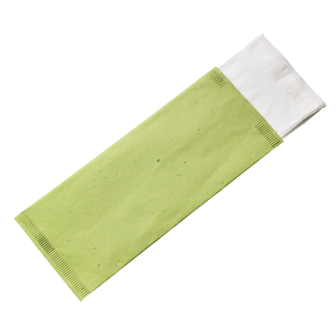 Sacchetto per posate in carta verde con tovagliolo bianco