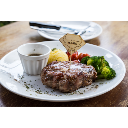 Stecchino per carne "Rumpy" in bambù, etichetta Medium Rare (media/al sangue)