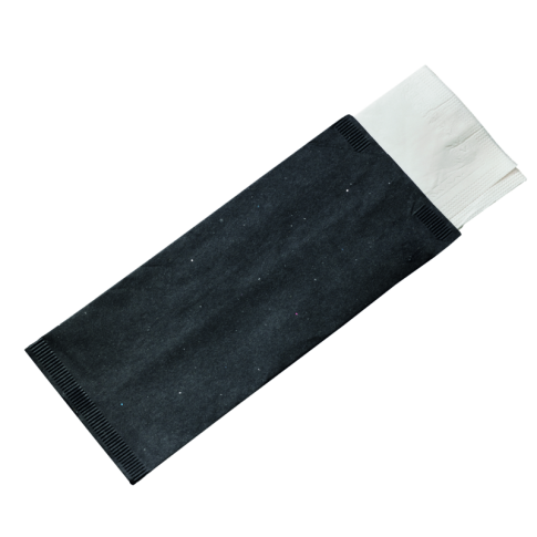 Sacchetto per posate in carta nera con tovagliolo bianco