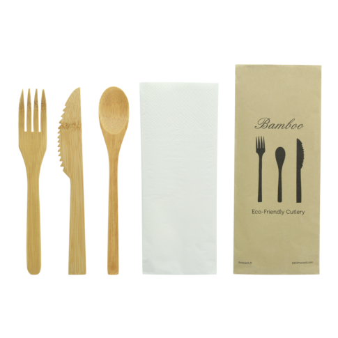 Kit posate in bambù 4/1: coltello, forchetta, cucchiaio, tovagliolo, involucro kraft