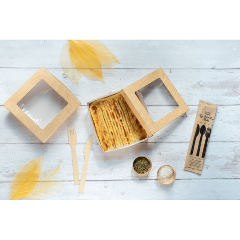 Kit posate in legno "Hercules" 3/1: coltello, forchetta, cucchiaio, tovagliolo, involucro kraft 18,5cm