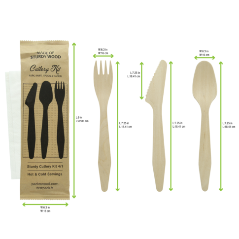 Kit posate in legno "Hercules" 3/1: coltello, forchetta, cucchiaio, tovagliolo, involucro kraft 18,5cm