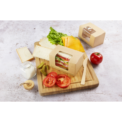 Scatola in cartone laminato bianco con finestra in PLA, adatto a toast e tramezzini