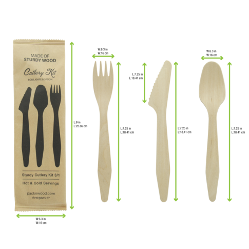 Kit posate in legno "Hercules" 3/1: coltello, forchetta, cucchiaio, involucro kraft