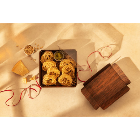 Cartone quadrato con decoro in legno su entrambi i lati+copertina in PET  203,2x203,2mm H63,5mm