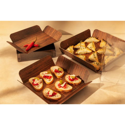 Cartone quadrato con decoro in legno su entrambi i lati+copertina in PET  203,2x203,2mm H63,5mm
