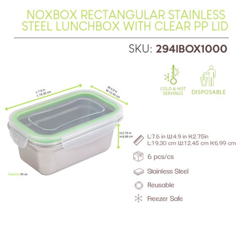 Lunch-box NoxBox rettangolare in acciaio inox con coperchio in PP trasparente (FE40 + PP5) 193x125mm H70mm 1000ml