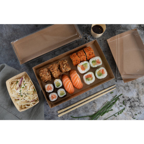Vaschetta sushi in cartone kraft + cop PET (C/PAP81 + PET1) 209x78mm H25mm