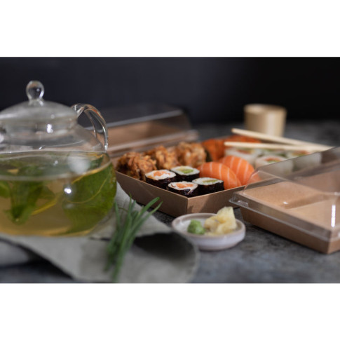 Vaschetta sushi in cartone kraft + cop PET (C/PAP81 + PET1) 209x78mm H25mm