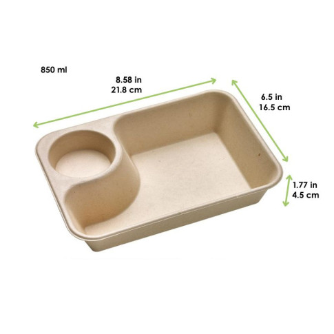 Vaschetta in polpa di canna da zucchero scura con vano salsa 218x165mm H45mm 850ml