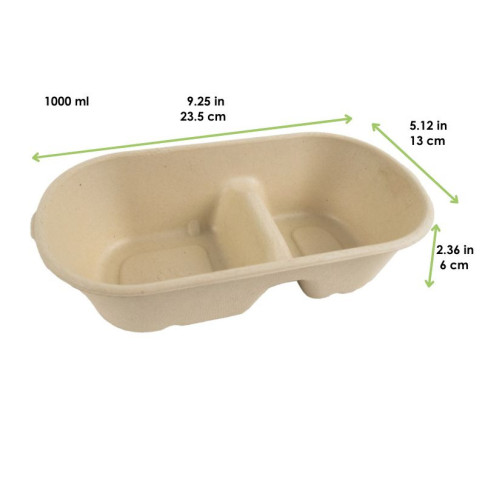 Vaschetta in polpa di canna da zucchero scura a 2 scomparti 235x130mm H60mm 1000ml