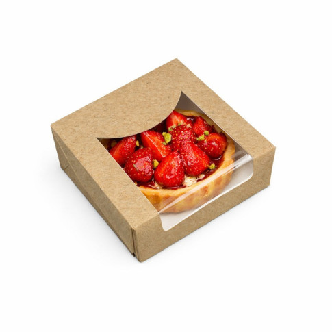 Scatola da pasticceria in cartone kraft con coperchio a finestra in PLA incorporato 100x100mm H40mm