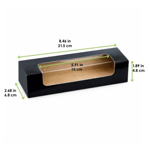 Scatola per 7 macarons in cartone nero con finestra 215x68mm H48mm