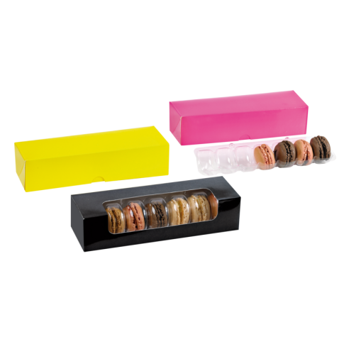 Scatola per 7 macarons in cartone nero con finestra 215x68mm H48mm