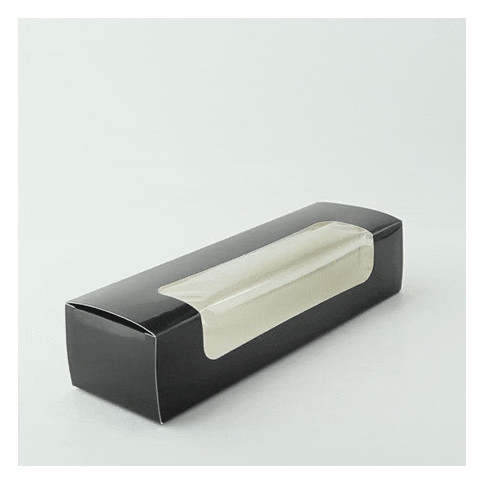 Scatola per 7 macarons in cartone nero con finestra 215x68mm H48mm