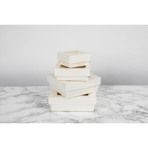 Scatola "Kray" in cartone bianco con coperchio a finestra 115x115mm H40mm 350ml