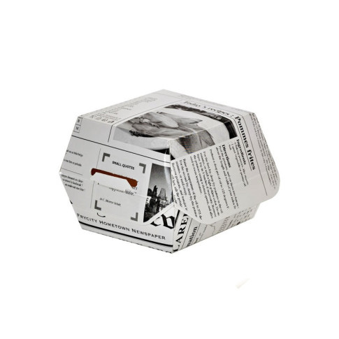 Scatola per hamburger in cartone bianco, decorazione stampa di giornale 75x75mm H50mm