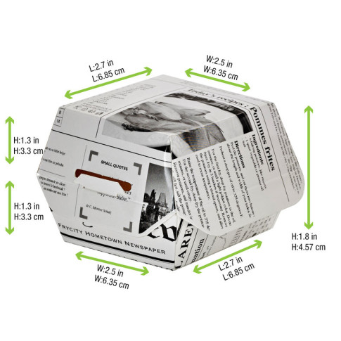 Scatola per hamburger in cartone bianco, decorazione stampa di giornale 75x75mm H50mm