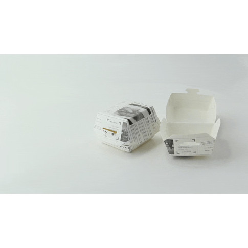 Scatola per hamburger in cartone bianco, decorazione stampa di giornale 75x75mm H50mm