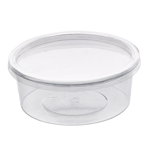 Contenitore tondo PET trasparente con coperchio rientrante  H38mm 200ml