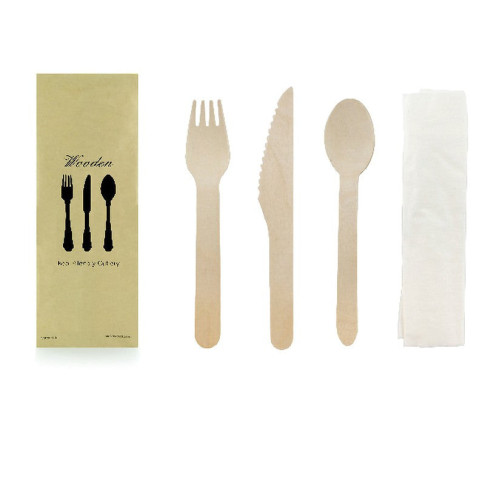 Kit posate in legno 4/1: coltello, forchetta, cucchiaio, tovagliolo, involucro kraft  H165mm