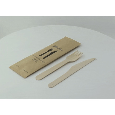 Kit posate in legno 2/1: coltello forchetta, involucro kraft  H165mm