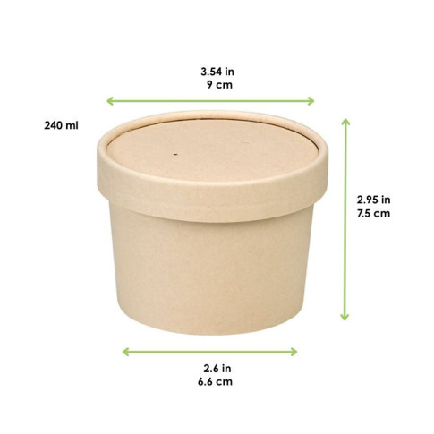 Contenitore in cartone kraft per alimenti caldi e freddi laminato in PLA, con coperchio  H75mm 240ml