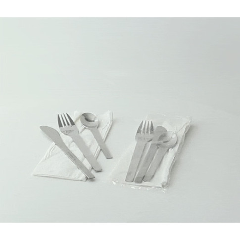 Kit posate in acciaio inox 3/1: coltello, forchetta, cucchiaio, involucro trasparente  H160mm