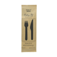 Kit posate in legno 3/1: coltello, forchetta, tovagliolo, involucro kraft  H165mm