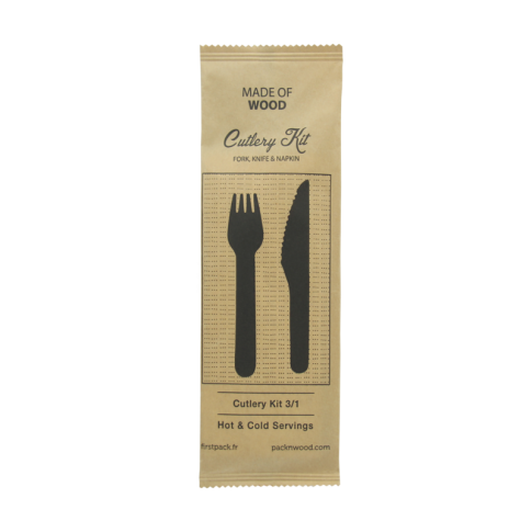 Kit posate in legno 3/1: coltello, forchetta, tovagliolo, involucro kraft  H165mm
