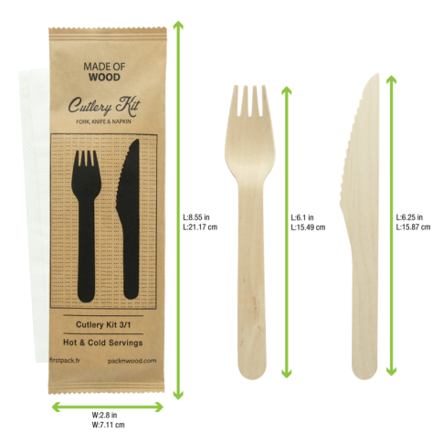 Kit posate in legno 3/1: coltello, forchetta, tovagliolo, involucro kraft  H165mm
