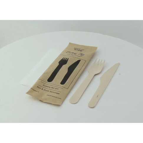 Kit posate in legno 3/1: coltello, forchetta, tovagliolo, involucro kraft  H165mm