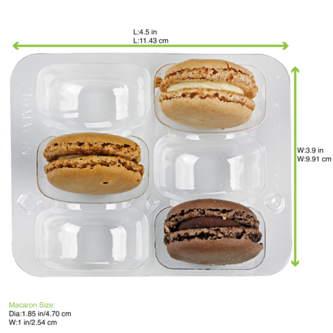 Inserto in PET trasparente per 6 macarons (2x3) con chiusura clip 118x100mm H23mm