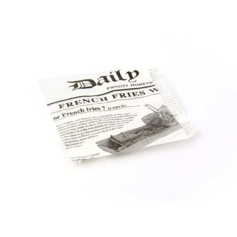 Sacchetto in carta bianca aperto su 2 lati, decorazione stampa di giornale 130x130mm