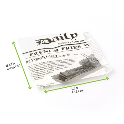 Sacchetto in carta bianca aperto su 2 lati, decorazione stampa di giornale 130x130mm