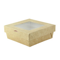 Scatola "Kray" in cartone kraft con coperchio a finestra, per cottura in forno 155x155mm H50mm 950ml