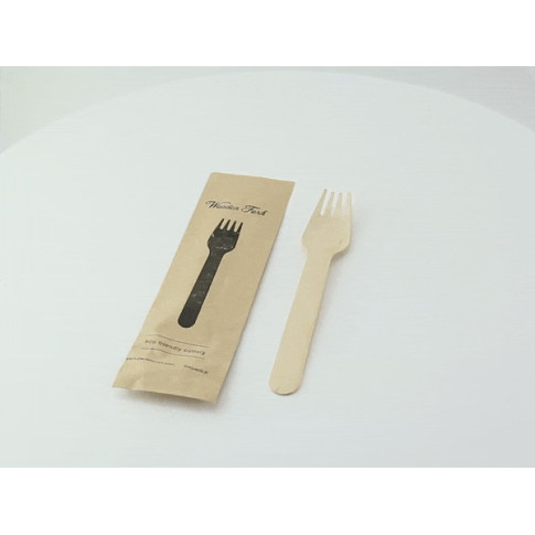 Forchetta in legno confezionata singolarmente in carta kraft  H158mm