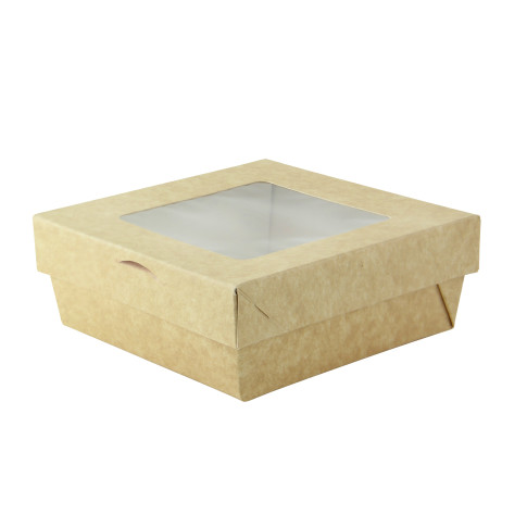 Scatola "Kray" in cartone kraft con coperchio a finestra, per cottura in forno 135x135mm H50mm