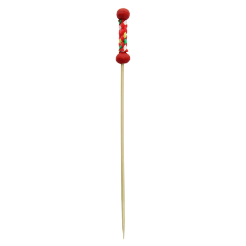 Stecchino Fuji in bambù con perline naturali e decorazione rossa (FOR50)  H112mm