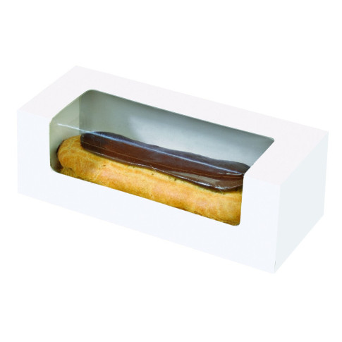 Scatola per macaron o éclair in cartone con finestra in PLA 150x60mm H50mm
