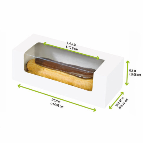 Scatola per macaron o éclair in cartone con finestra in PLA 150x60mm H50mm
