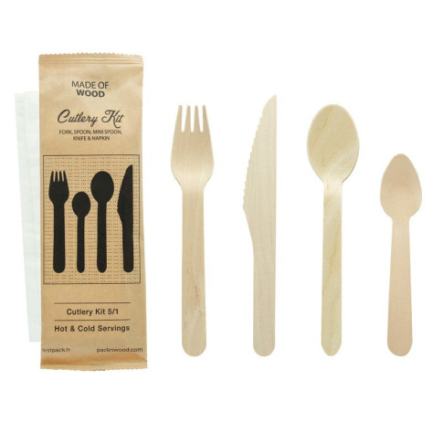 Kit posate in legno 5/1: coltello, forchetta, cucchiaio piccolo e grande, tovagliolo, involucro craf  H165mm