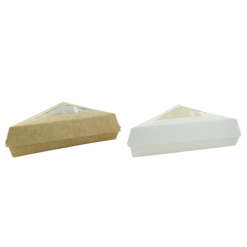 Scatola da pasticceria triangolare in cartone bianco con coperchio a finestra 155x130mm H45mm
