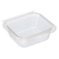 Vaschetta rettangolare in PLA trasparente con coperchio incorporato 126x117mm H43mm 250ml