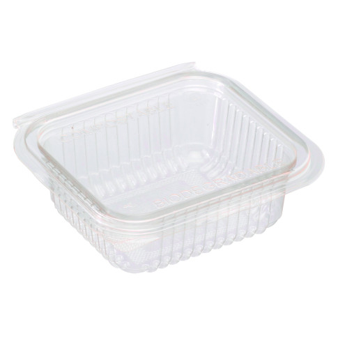 Vaschetta rettangolare in PLA trasparente con coperchio incorporato 126x117mm H43mm 250ml