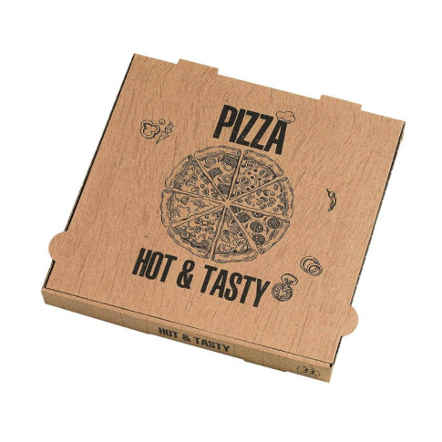 Scatola da pizza in cartone kraft con decorazione "Hot and Tasty" 330x330mm H40mm