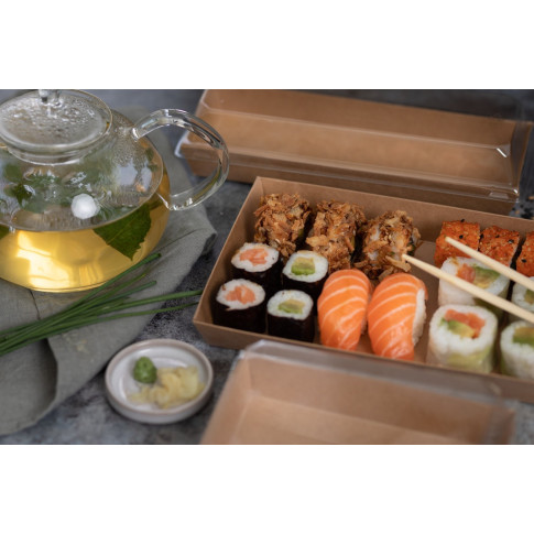 Vaschetta sushi in cartone kraft + cop PET (C/PAP81 + PET1) 153x102mm H25mm